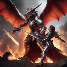 A fierce dragon engaged in combat with a brave knight and a damsel