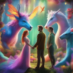 A woman and a man standing together, surrounded by magical creatures in a fantastical setting