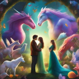 A woman and a man standing together, surrounded by magical creatures in a fantastical setting