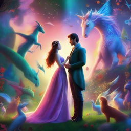 A woman and a man standing together, surrounded by magical creatures in a fantastical setting