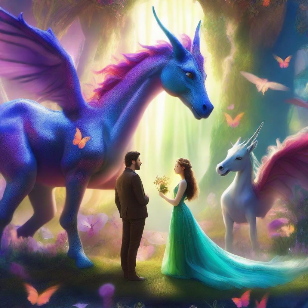 A woman and a man standing together, surrounded by magical creatures in a fantastical setting