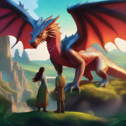 A woman and a man standing together with a tamed dragon