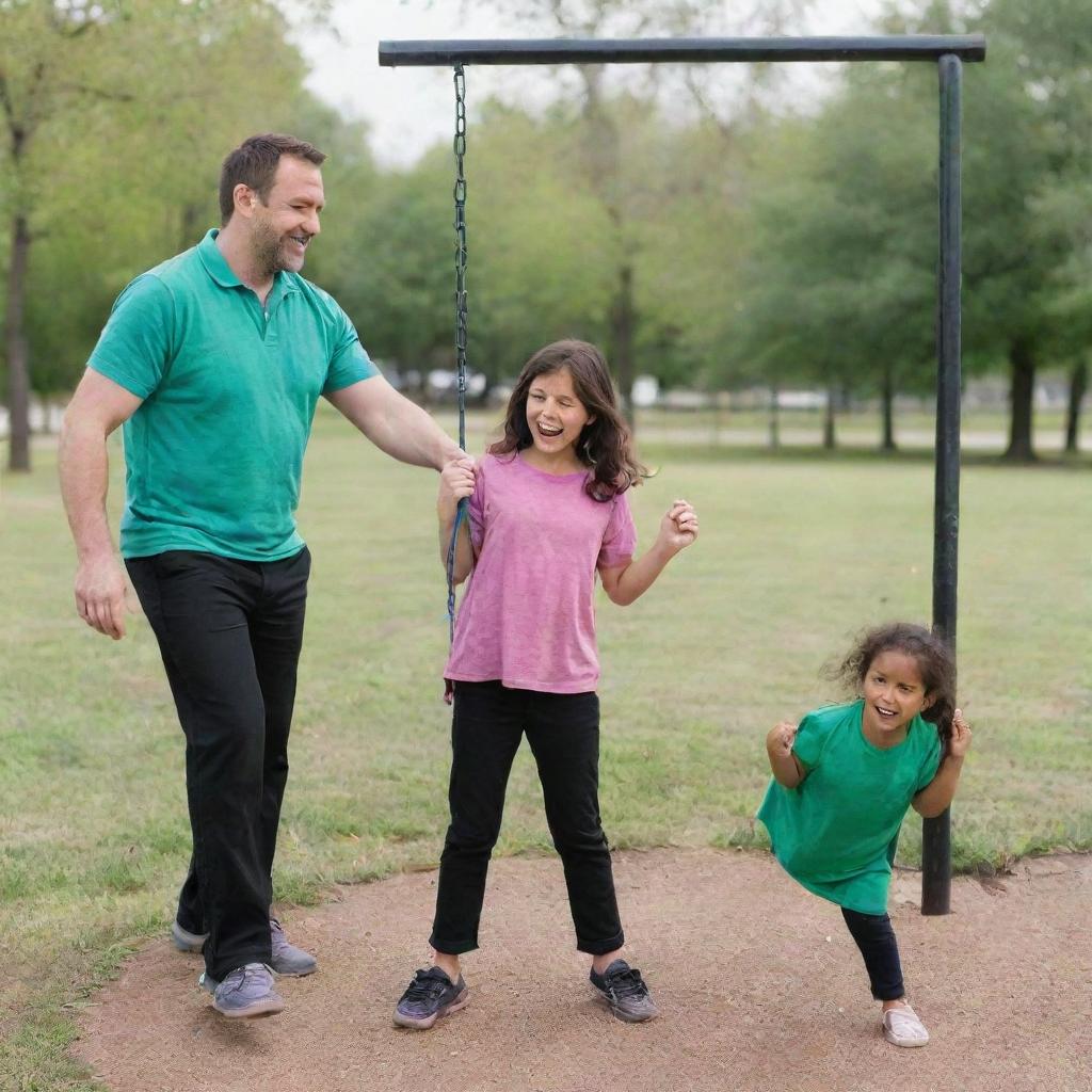 A park with a pink and green swing and slide setup. A 5-year-old girl in a purple t-shirt and black pants has fallen from the swing onto the ground. Her 35-year-old father, dressed in a blue shirt and black pants, is standing over her, arguing.