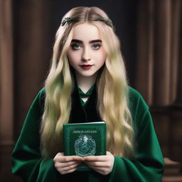 Create a book cover featuring Sabrina Carpenter wearing a Slytherin robe from Hogwarts