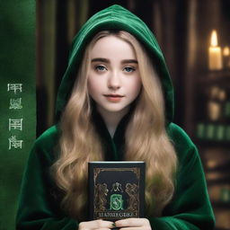 Create a book cover featuring Sabrina Carpenter wearing a Slytherin robe from Hogwarts