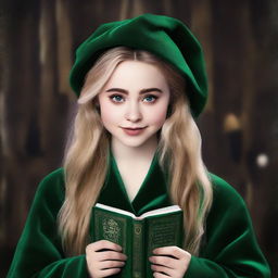 Create a book cover featuring Sabrina Carpenter wearing a Slytherin robe from Hogwarts