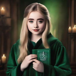 Create a book cover featuring Sabrina Carpenter wearing a Slytherin robe from Hogwarts