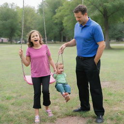 A park with a pink and green swing and slide setup. A 5-year-old girl in a purple t-shirt and black pants has fallen from the swing onto the ground. Her 35-year-old father, dressed in a blue shirt and black pants, is standing over her, arguing.