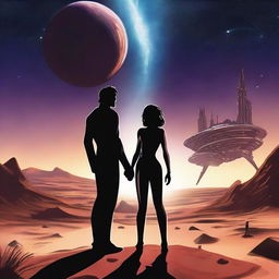 A space opera scene featuring a rugged man and a beautiful woman standing on an alien desert planet