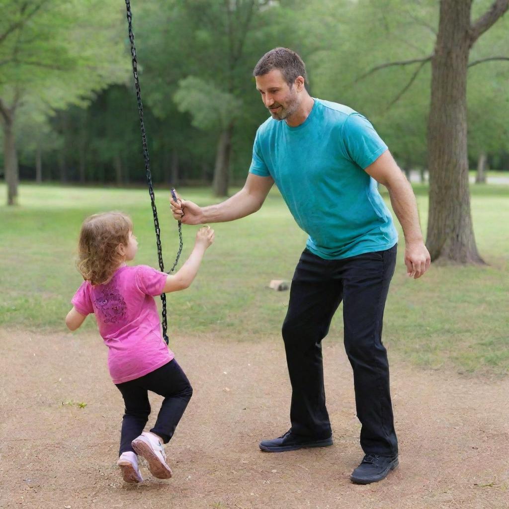 A park with a pink and green swing and slide setup. A 5-year-old girl in a purple t-shirt and black pants has fallen from the swing onto the ground. Her 35-year-old father, dressed in a blue shirt and black pants, is standing over her, arguing.