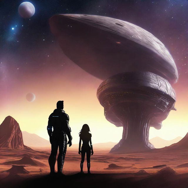 A space opera scene featuring a rugged man and a beautiful woman standing on an alien desert planet