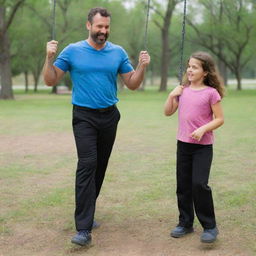 A park with a pink and green swing and slide setup. A 5-year-old girl in a purple t-shirt and black pants has fallen from the swing onto the ground. Her 35-year-old father, dressed in a blue shirt and black pants, is standing over her, arguing.