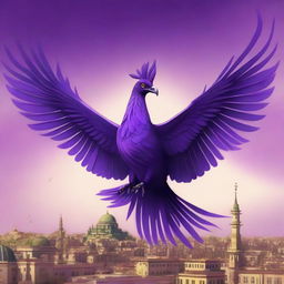 The image features a majestic purple phoenix soaring above the city of Constantinople