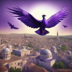 The image features a majestic purple phoenix soaring above the city of Constantinople