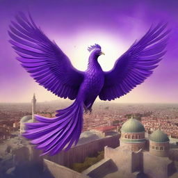 The image features a majestic purple phoenix soaring above the city of Constantinople