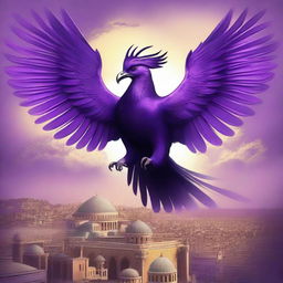 The image features a majestic purple phoenix soaring above the city of Constantinople