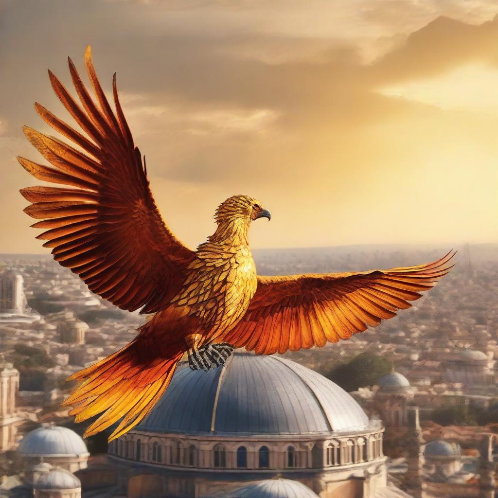 The image features a majestic phoenix soaring above the Eastern Orthodox city of Constantinople