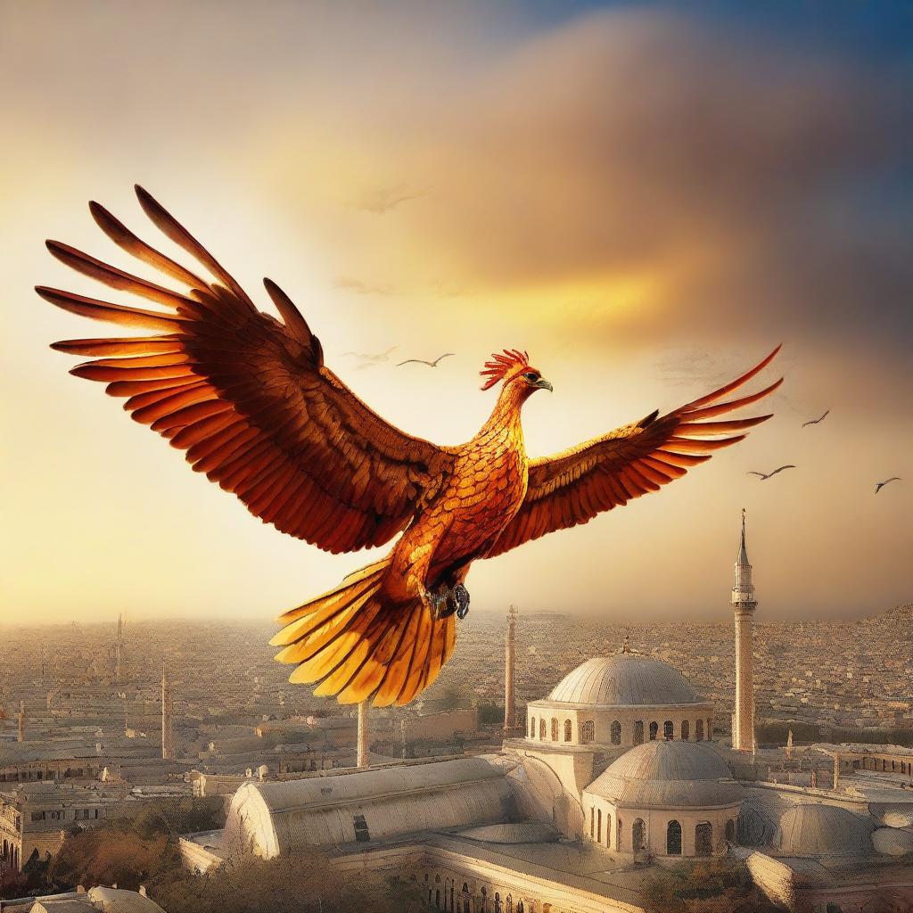 The image features a majestic phoenix soaring above the Eastern Orthodox city of Constantinople