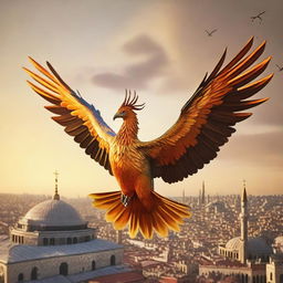 The image features a majestic phoenix soaring above the Eastern Orthodox city of Constantinople