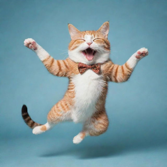 A whimsical image of a happy cat dancing joyfully