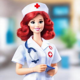 A Nurse Barbie doll with vibrant red hair, wearing a classic white nurse uniform with a red cross emblem