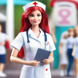 A Nurse Barbie doll with vibrant red hair, wearing a classic white nurse uniform with a red cross emblem