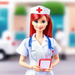 A Nurse Barbie doll with vibrant red hair, wearing a classic white nurse uniform with a red cross emblem