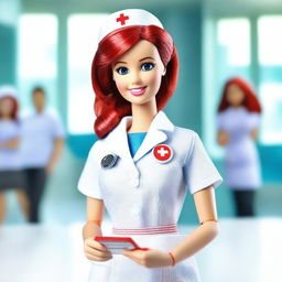 A Nurse Barbie doll with vibrant red hair, wearing a classic white nurse uniform with a red cross emblem