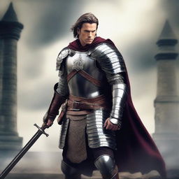 A male warrior standing confidently with a long sword in hand