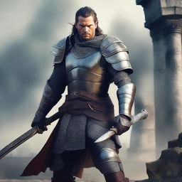 A male warrior standing confidently with a long sword in hand