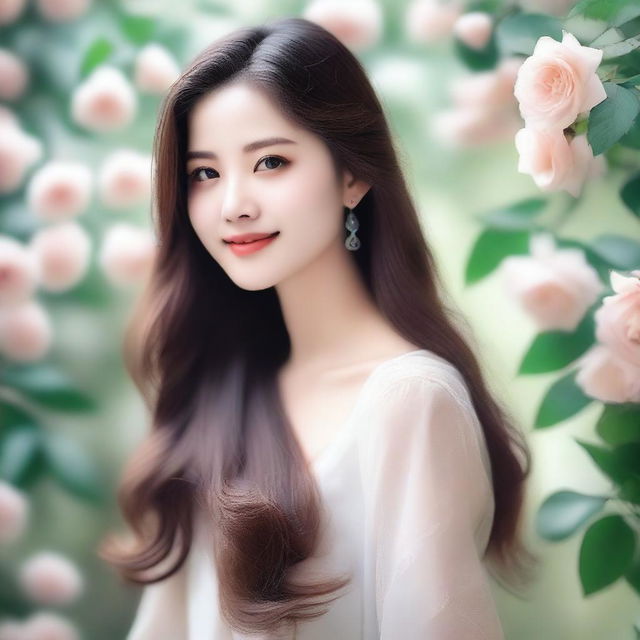 A beautiful girl with long hair, looking serene and elegant