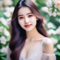 A beautiful girl with long hair, looking serene and elegant