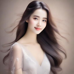 A beautiful girl with long hair, looking serene and elegant