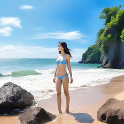 An Asian girl in a bikini standing by the edge of the sea