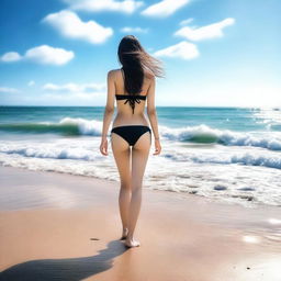 An Asian girl in a bikini standing by the edge of the sea