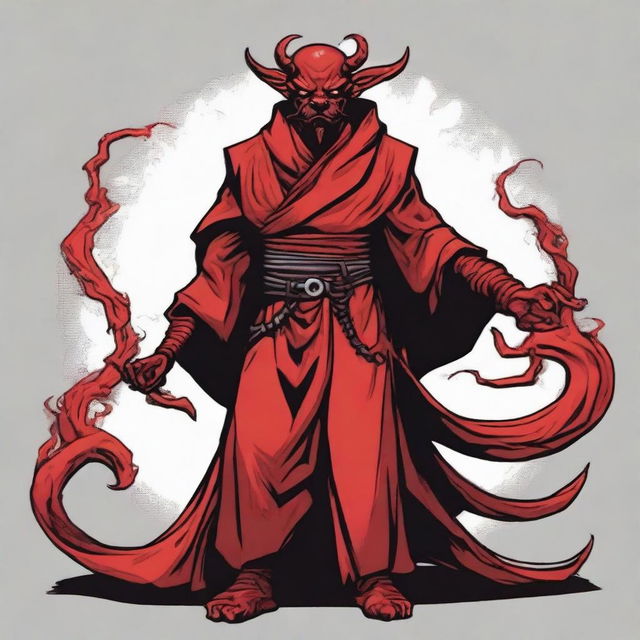 A Dungeons & Dragons style red barbed devil shadow monk with a Mexican mustache