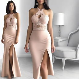 A beautiful and elegant dress designed to be sexy and alluring, with intricate details and a form-fitting silhouette