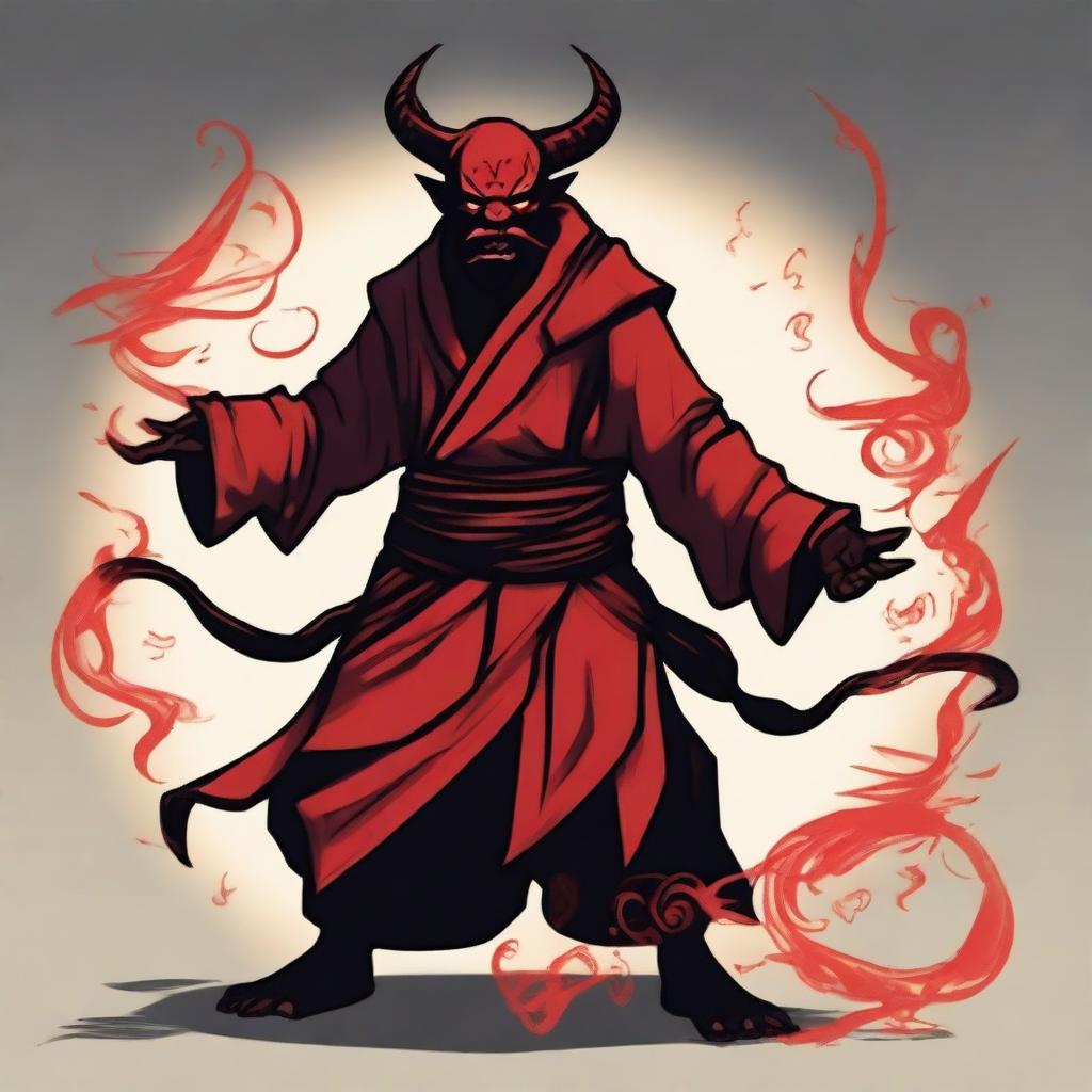 A red barbed devil shadow monk with a Mexican mustache