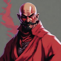 A detailed portrait of a Dungeons & Dragons Way of Shadows monk with red barbed devil features and a cool Mexican mustache