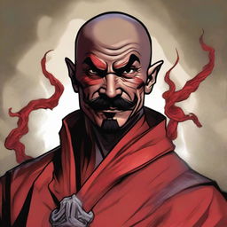 A detailed portrait of a Dungeons & Dragons Way of Shadows monk with red barbed devil features and a cool Mexican mustache