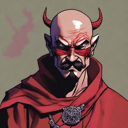 A detailed portrait of a Dungeons & Dragons Way of Shadows monk with red barbed devil features and a cool Mexican mustache