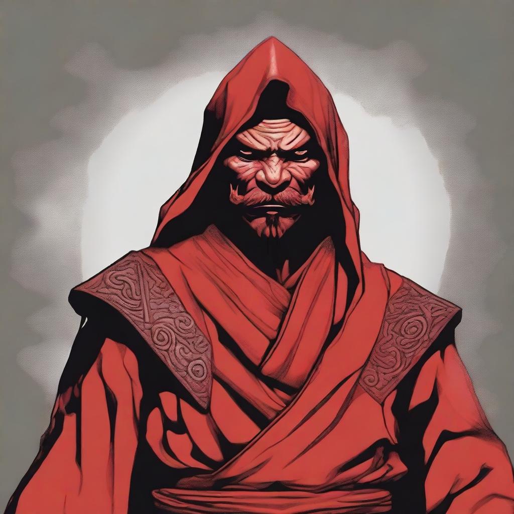 Create a detailed portrait of a Dungeons & Dragons Way of Shadows monk with the appearance of a red barbed devil