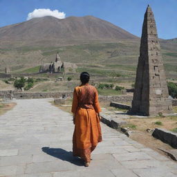 A detailed image of an Indian person exploring Armenia's culture, visiting landmarks, and participating in local traditions.