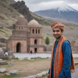 A detailed image of an Indian person exploring Armenia's culture, visiting landmarks, and participating in local traditions.