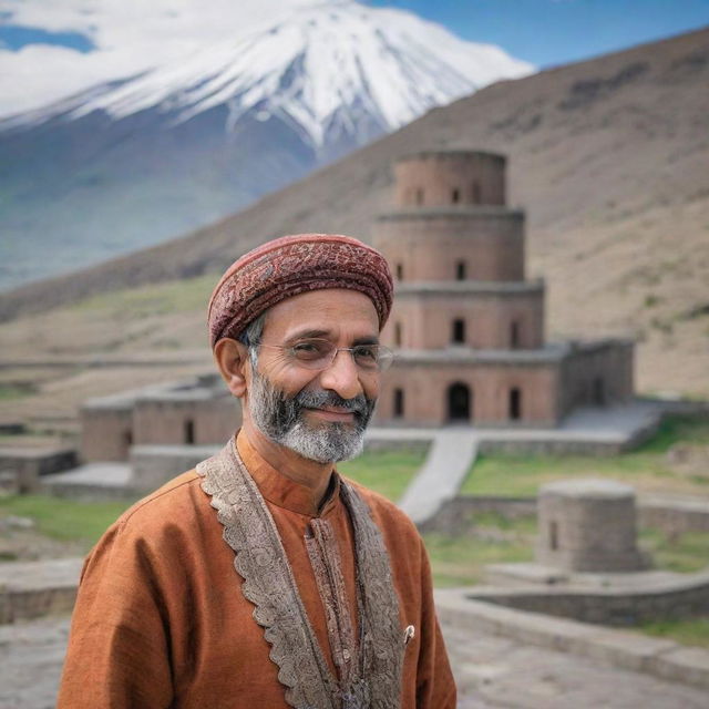 A detailed image of an Indian person exploring Armenia's culture, visiting landmarks, and participating in local traditions.