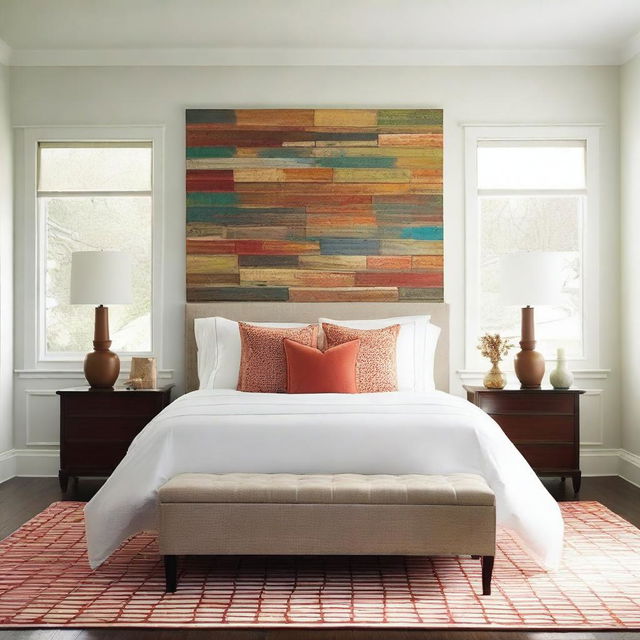 Create a bedroom with hardwood flooring and white walls