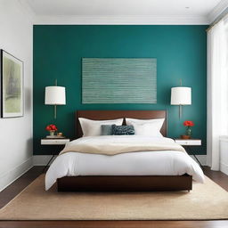 Create a bedroom with hardwood flooring and white walls