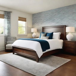 Create a bedroom with hardwood flooring and white walls