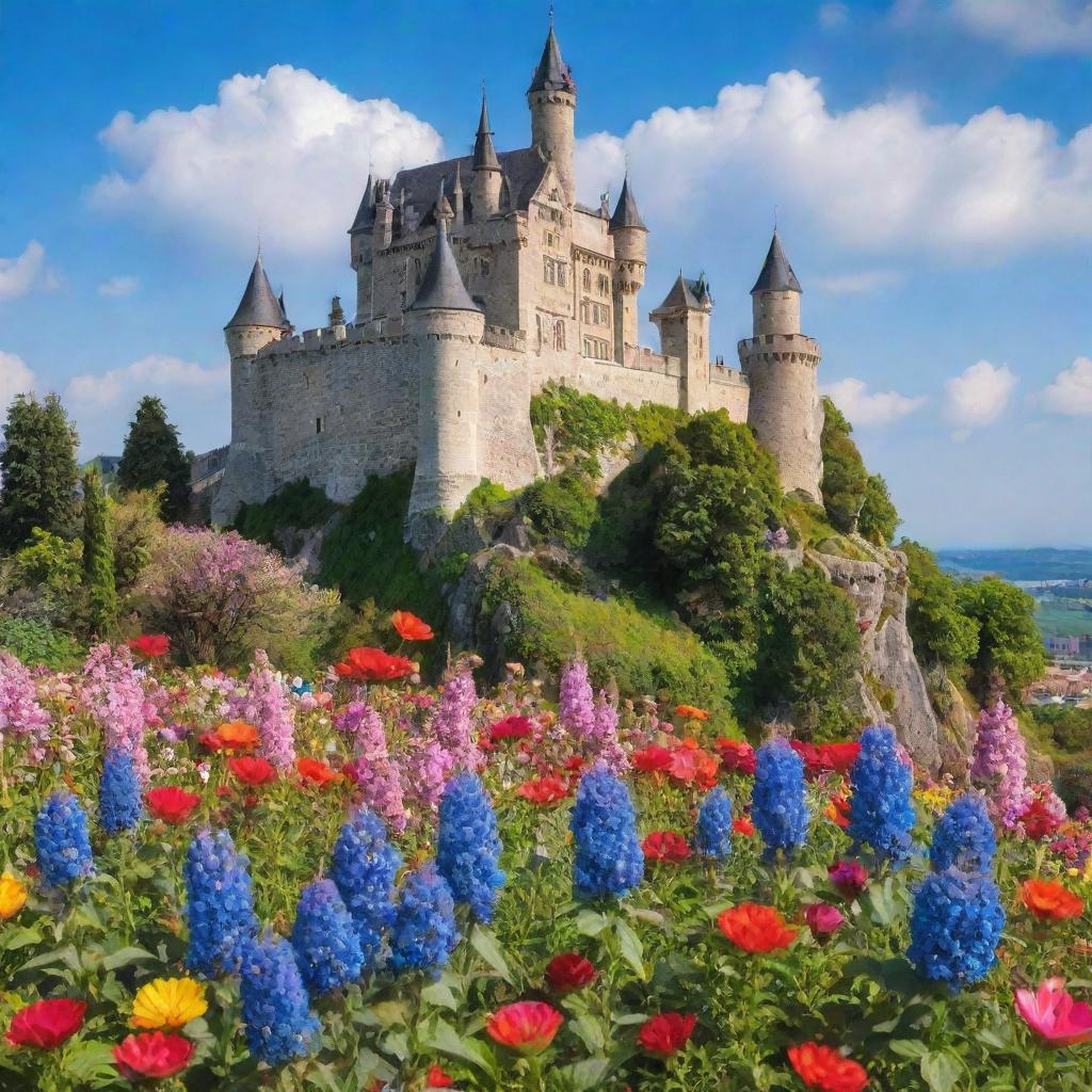 A picturesque view of the Kingdom of Flowers with blossoming and vibrant colored flowers against the backdrop of a majestic castle.