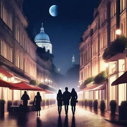 Create an image featuring the most beautiful and slender characters in a stunning city setting at night